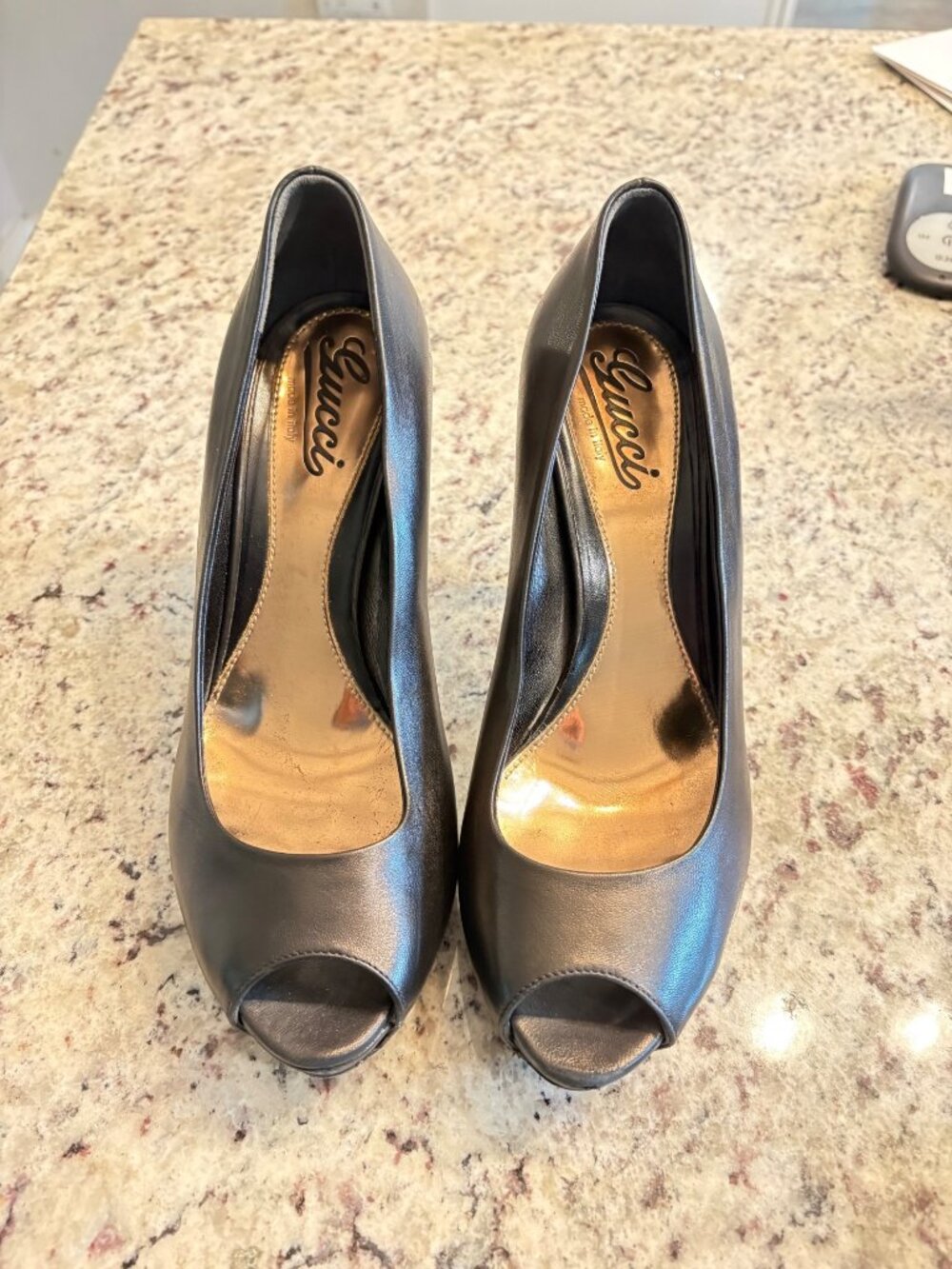 Gucci Sofia Metallic Bronze Leather Peep-Toe Platform Pumps 8.5